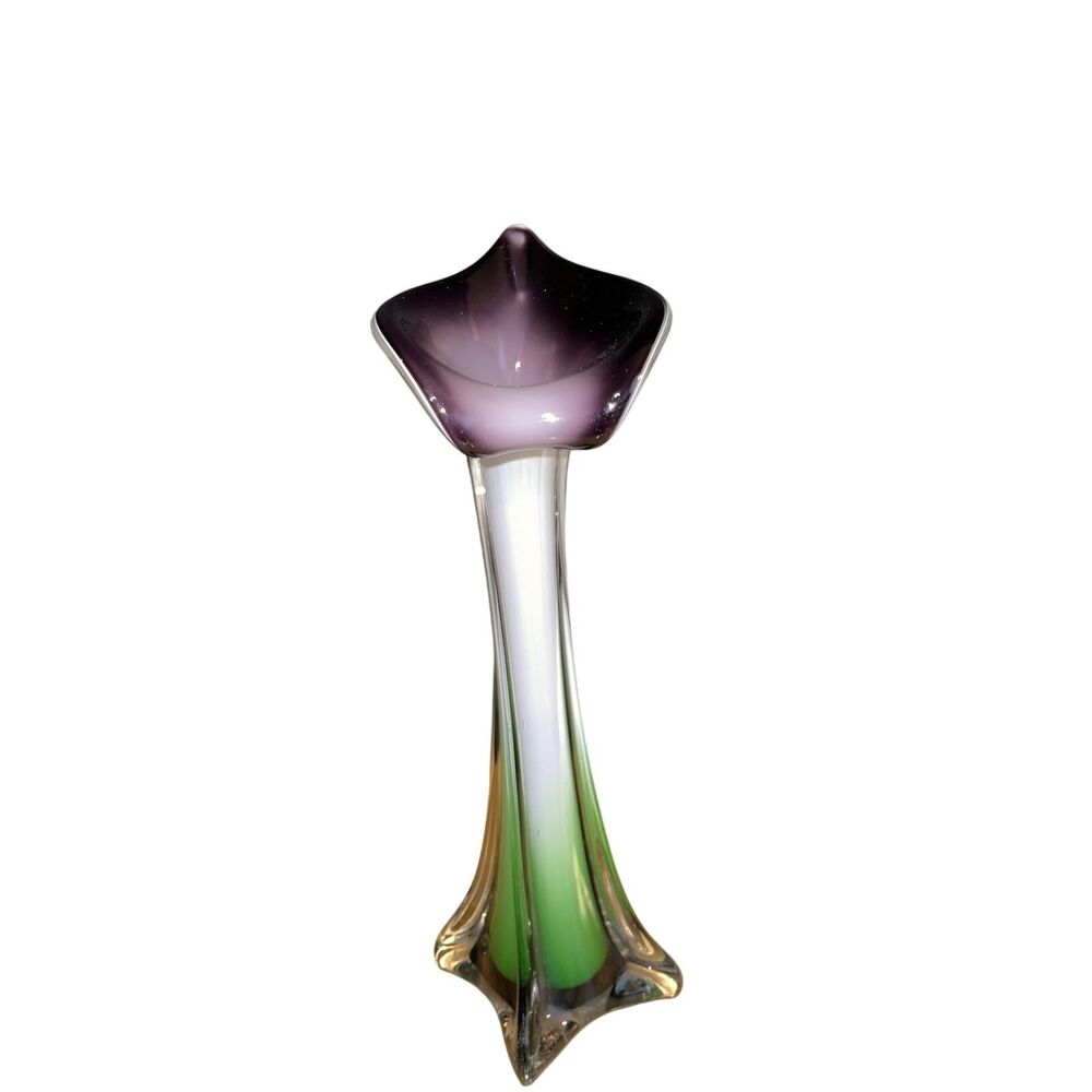 Jack in the Pulpit Vase Cased Ribbed Swirled Green Purple White Flower Vase12 in